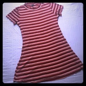 Red, black and cream striped shift dress.